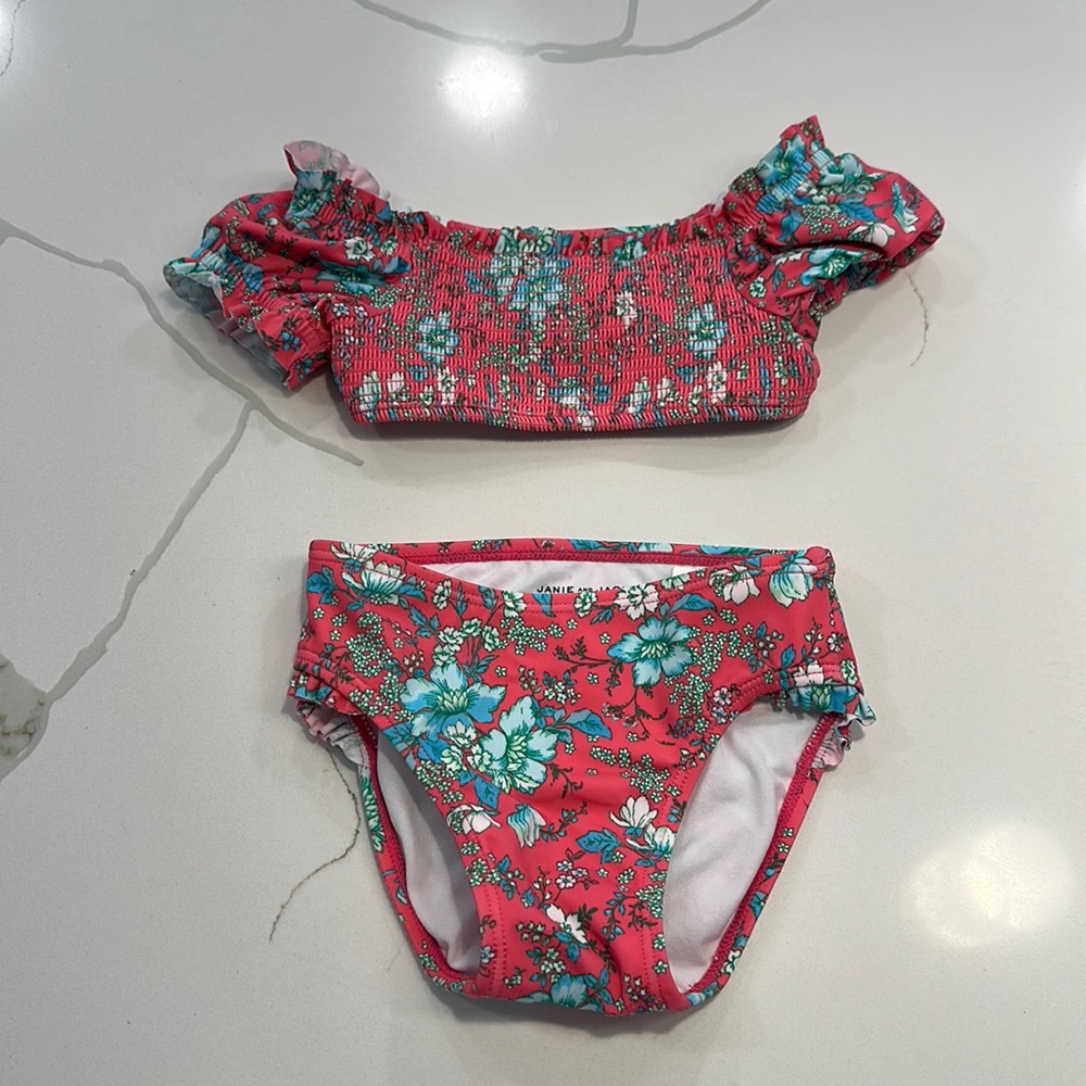 Janie & jack bathing suit bikini size 18-24 months pink teal green floral print